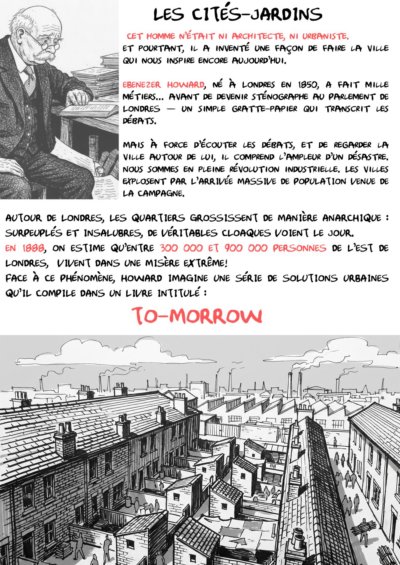 Planche illustrée : Howard et les taudis de Londres, le livre To-Morrow — OXXO Studio