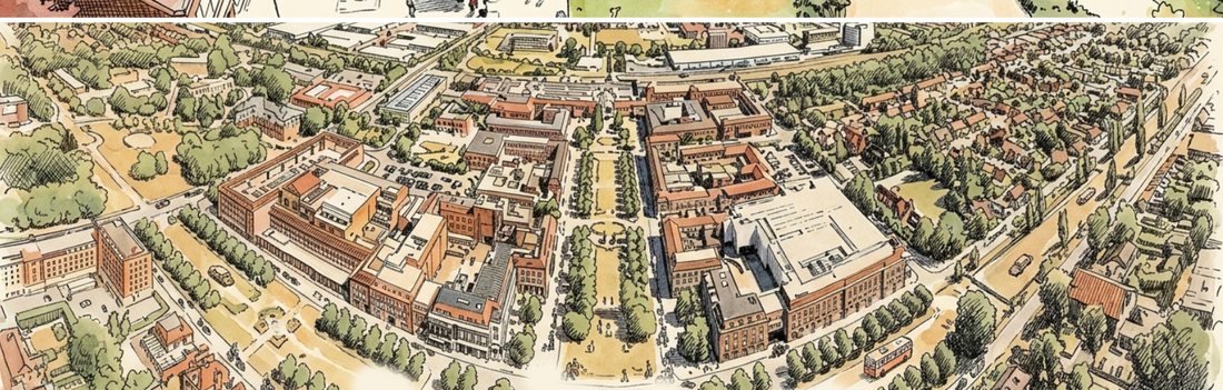 Vue aérienne d'une cité-jardin dessinée à la main — OXXO Studio