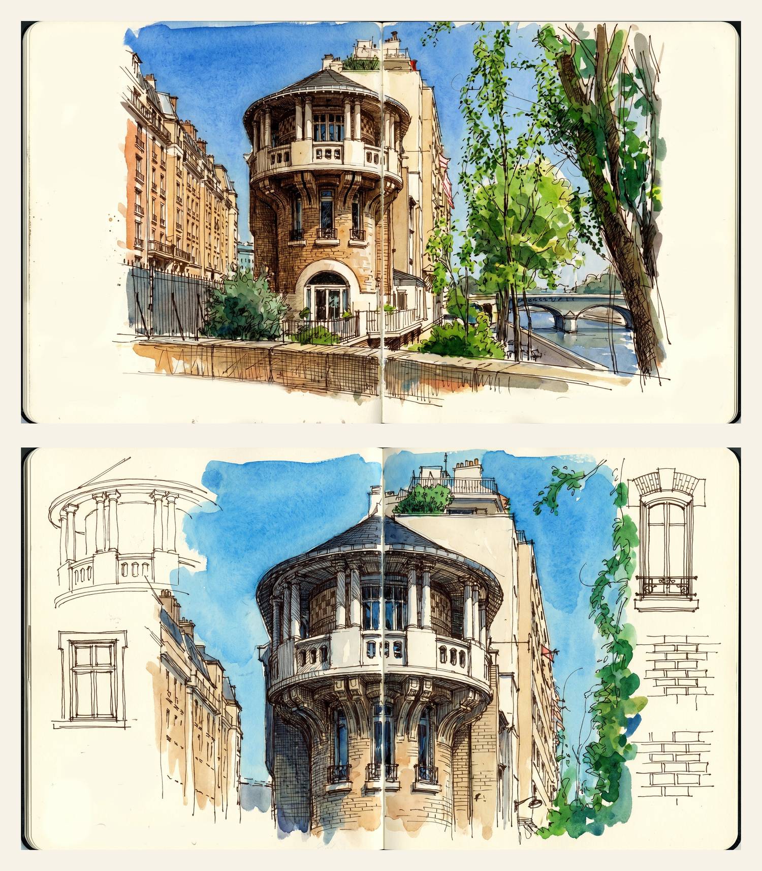 Croquis de l'Hôtel Nozal : la rotonde et ses détails, carnet à main levée — OXXO Studio